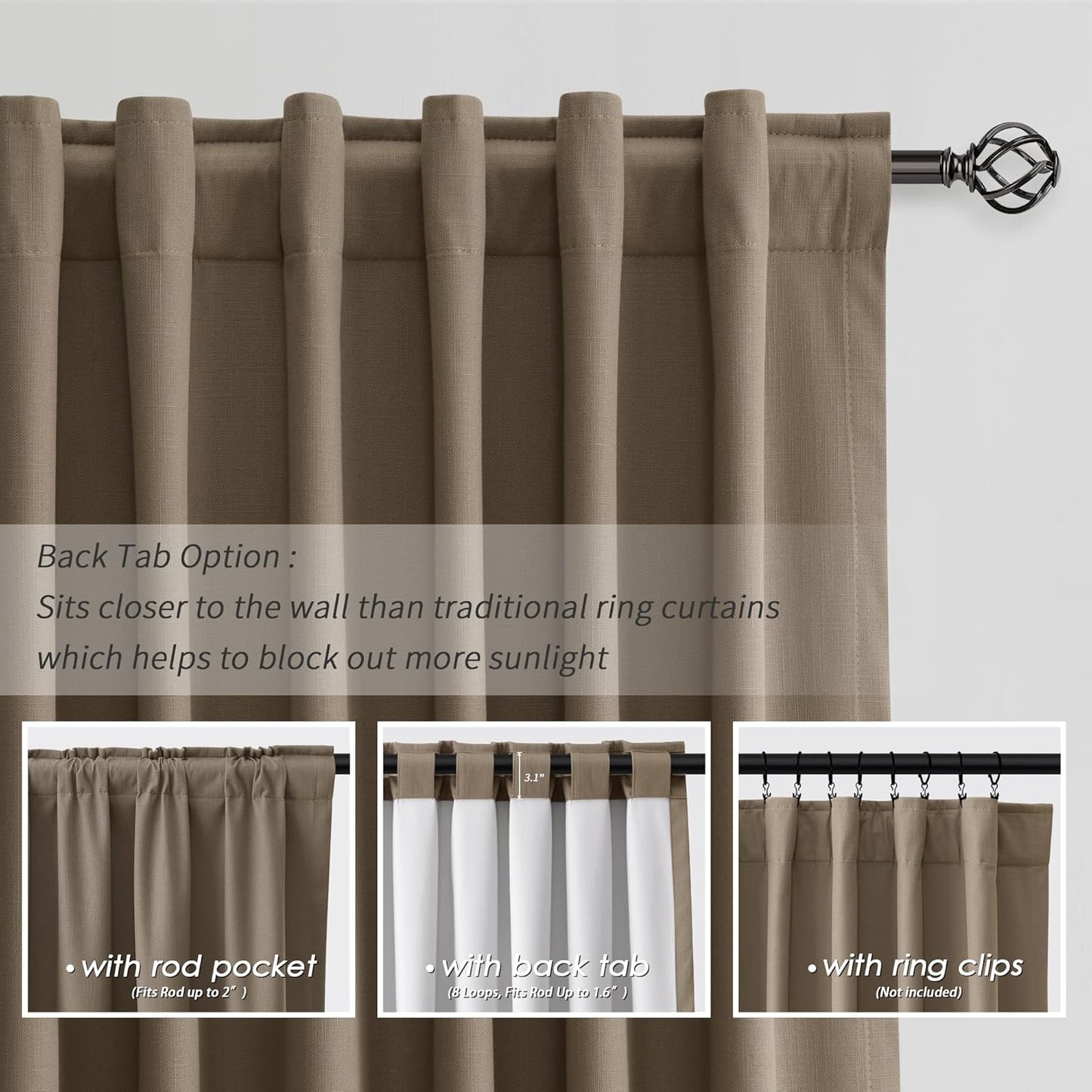 BOODII Room Darkening Curtains Dark Brown Black Out Curtains 96 Inches Long 2 Panel Set Back Tab Neutral Linen Curtain for Sliding Door Modern Farmhouse Living Room Blackout Drapes Soundproof 52x96