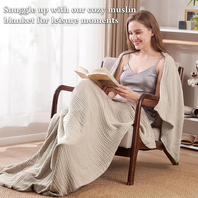 David's Home Soft Muslin Blanket Throw Size for Adults, 60% Rayon 40% Cotton, Breathable Lightweight Cooling Blanket for Hot Sleepers, 4-Layer Cozy Gauze for Bed, 50"x60", Light Tan/Oat Milk
