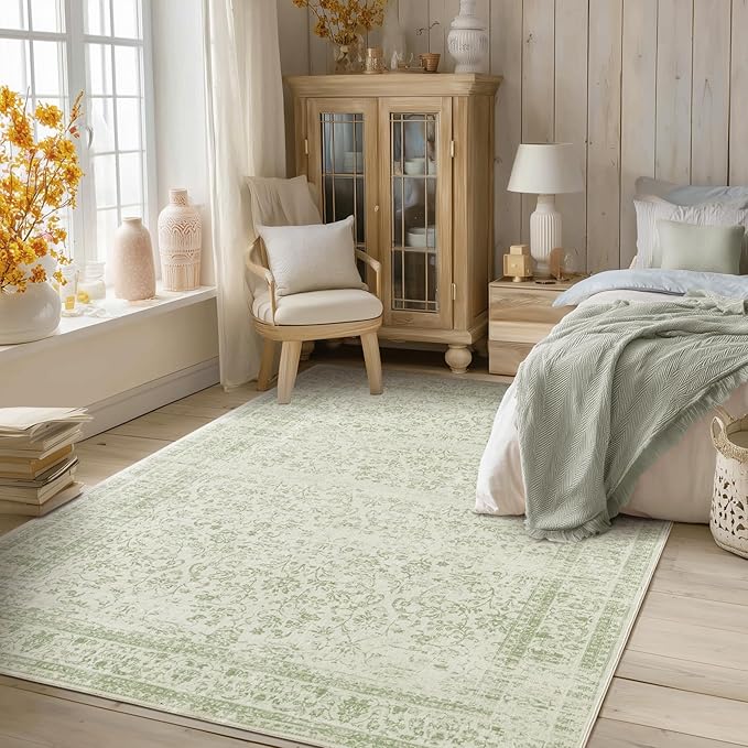 Sage Green Boho Front Door Mat for Indoor Entrance Washable Non Slip Cute Vintage Floral Aesthetic Area Rugs for Entryway Entry 4x6