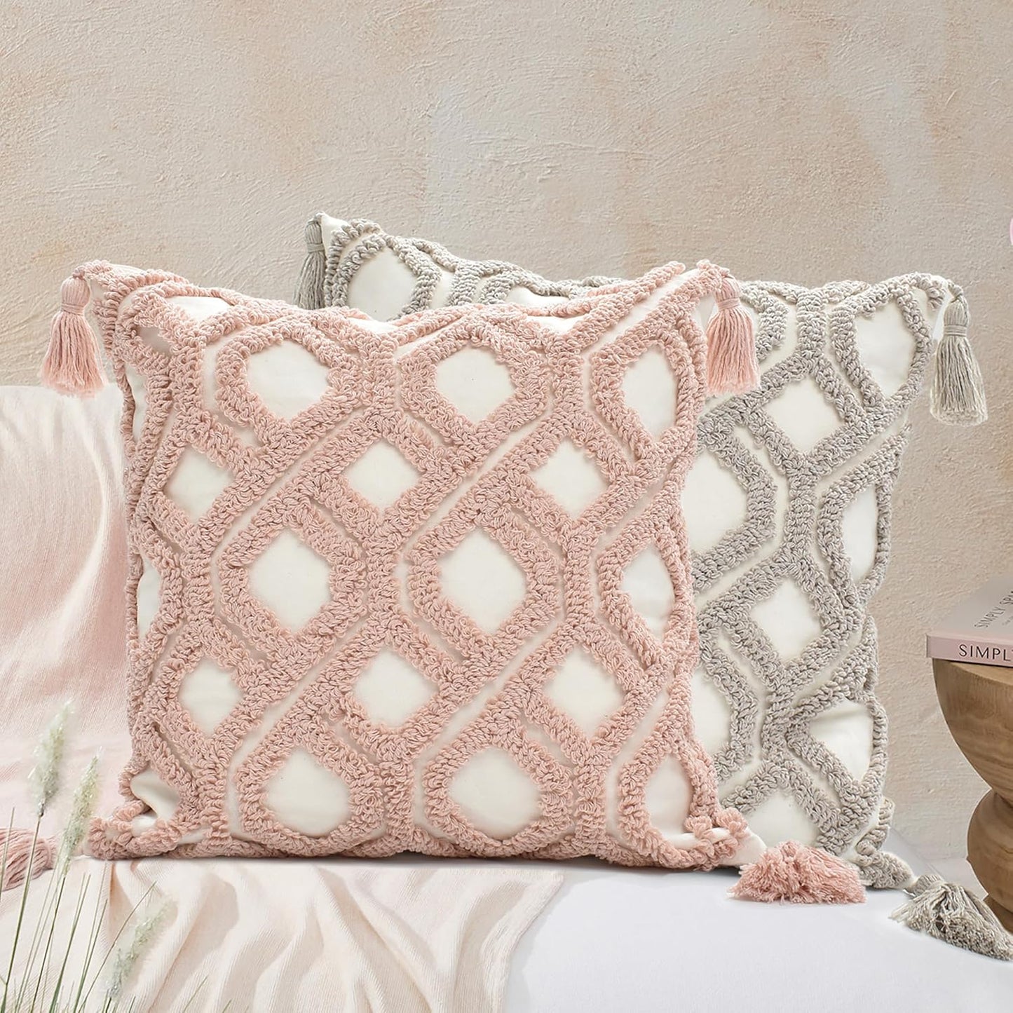 Boho Pillow Covers 18X18 Inch Boho Tufted Throw Pillow Covers Decorative Tassels Cushion Cover Farmhouse Pillow Case for Couch Sofa Bed Living Room Bedroom, Taupe