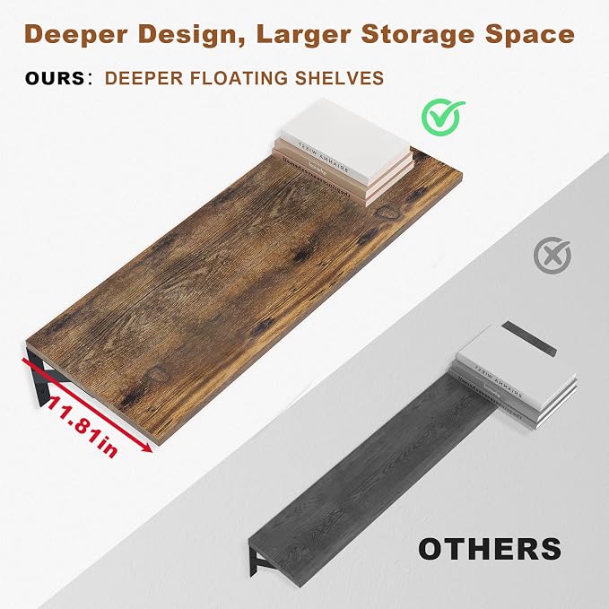 Large Wall Shelves, 31.5" W x 12" D Long Floating Shelves Set of 2, Wide Display Wood Shelf Wall Mounted with Heavy-Duty Metal Brackets for Bedroom Books, Living Room, Kitchen, Rustic Brown