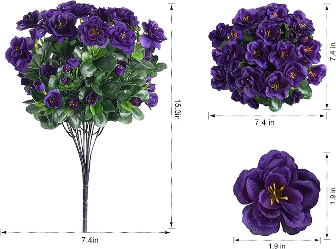 Artificial Faux Outdoor Flowers Plants for Spring Summer Decoration, Fake Silk Camellia UV Resistant Look Real for Planter Outside Front Door Porch Patio Balcony, 3 Large Bundles (Dark Purple)