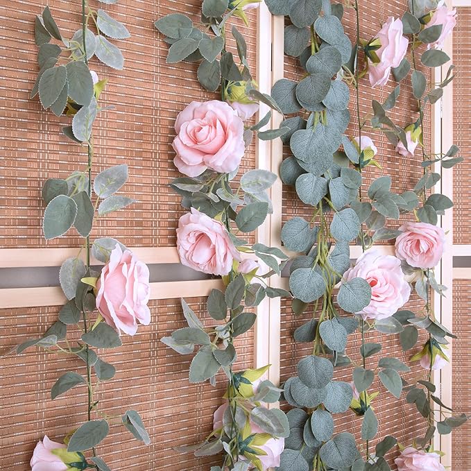 TELDRASSIL 4Pcs(26 FT) Artificial Rose Vine Fake Flower Garland Fake Silk Rose Hanging Vine for Wedding Party Background Arch Garden Background Decoration (Pink)