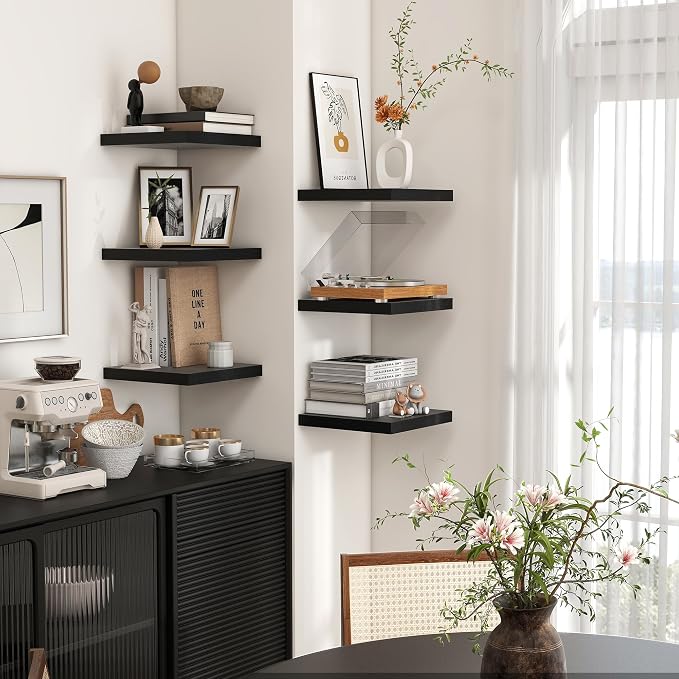 Venusmiles 8"x8" Square Floating Shelves for Wall, Black Finish, 3-Pack | Engineered Wood Wall Shelves with Invisible Brackets for Living Room, Bedroom, Bathroom, Office & Kitchen Storage