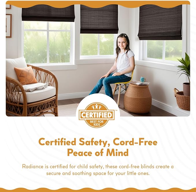 Radiance Cordless Bamboo Roman Shades for Windows - Flatweave Bamboo Blinds for Reduce Bright Light - Easy to Lift & Fold Up Window Shades - Espresso - 27 in. W x 64 in. L - (2208826E)