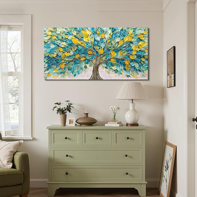 imjiayu Tree of Life Wall Art, Large Wall Decor, Nature Wall Art, Modern Abstract Botanical Prints, Blue Green Tree Big Picture, Leaf Paintings Wall Decor Living Room Bedroom Hallway Office 24"x48"