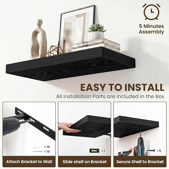 55 Inch Floating Shelves for Wall,12 Inch Deep Wall Shelves for Bathroom,Living Room,Bedroom,Kitchen,Decor,Floating Shelf with Invisible Heavy Duty Metal Bracket,Deep Long Shelf Wall Mounted,Black