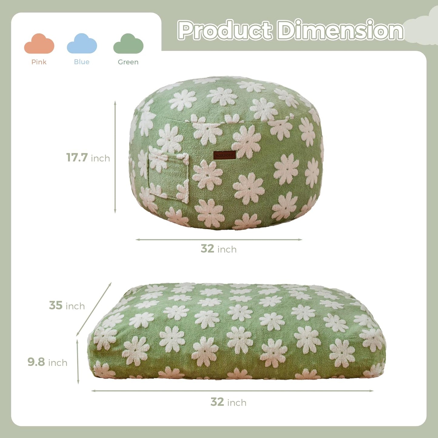 MAXYOYO Bean Bag Chair Bed for Kids, Convertible Bean Bag from Lazy Chair to Floor Bed, Fresh Floral Design Cover, Stuffed Floor Sofa Couch for Boys and Girls, High-Density Foam Filling, Green