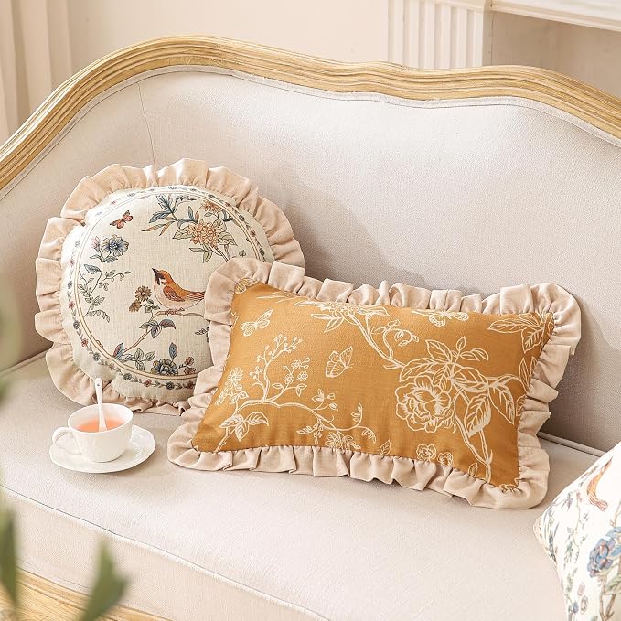 ISAENNE Vintage Linen Throw Pillow Cover,Set of 2,Diameter 16"-Cornucopia A | Designer Elegant French Round Pillow Cover,Concealed Zipper Design,Floral Pattern,Sofas,Bedroom,Living Room,Lounge Chairs