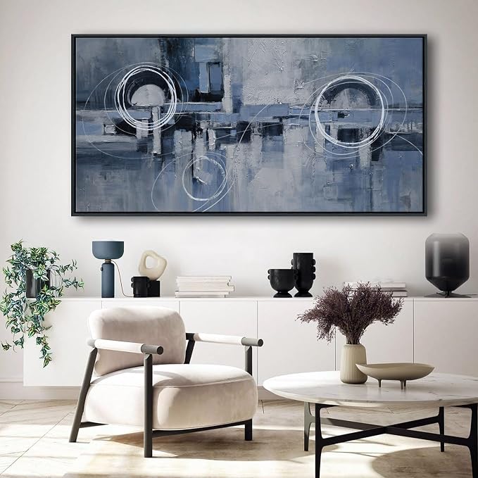 YDYSUNE Extra Large Framed Abstract Wall Decor for Living Room Blue and White Canvas picture Minimalist Wall art Modern Artwork Painting for Bedroom,Office Decoration 29×58inch