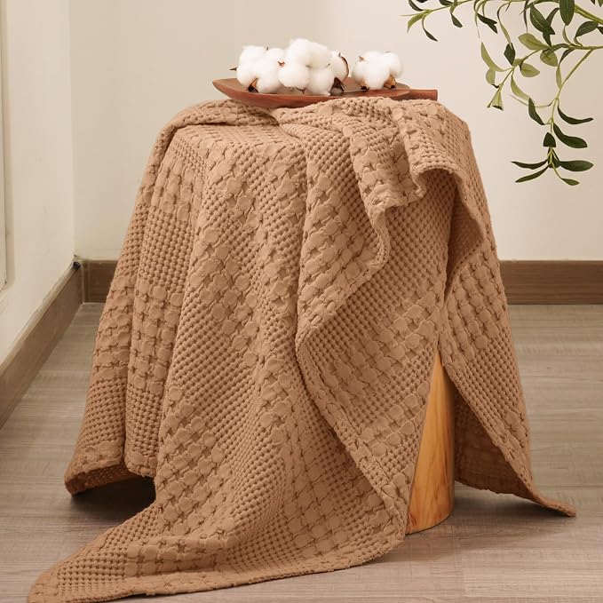 PHF 100% Cotton Waffle Throw Blanket for Couch, Lightweight Breathable and Soft for Summer, Luxury Aesthetic Waffle Weave Blanket for Home Decor & Office, Gifts for Women, 50"x60", Clay