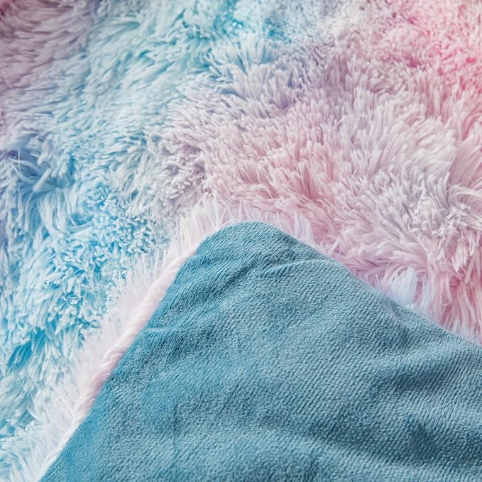 chovy Faux Fur Plush Tie-Dyed Colorful Blue Comforter Sets Full/Queen - Ultra Soft Shaggy Flannel Velvet Fluffy Fuzzy 3PC Bedding Set （Comforter x 1 Pillowcases x 2）