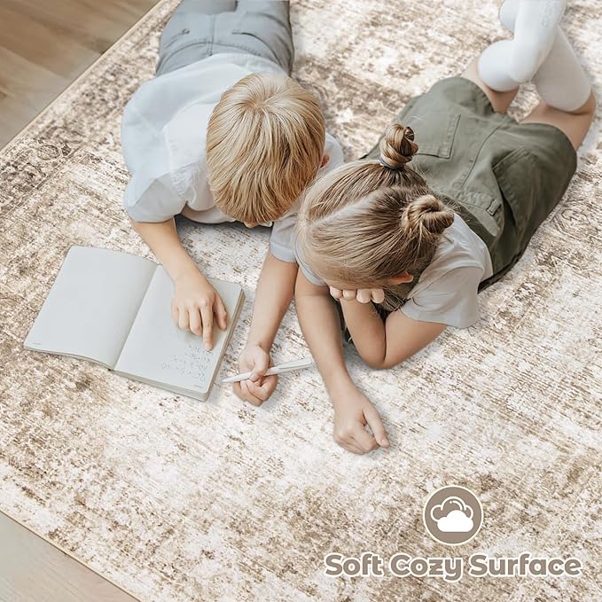 Area Rug 6x9 Washable Rug, Vintage Boho Medallion Rugs Non-Slip Soft Low Pile Large Distressed Rug Indoor Retro Carpet for Living Room Bedroom Dining Room Home Office (Brown, 6'x9')