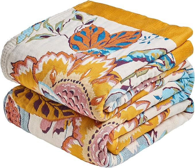 MSGKV Boho Throw Blanket 60"x80" Floral Cotton Blanket for Bed Couch Summer Breathable Lightweight Farmhouse Twin Blankets Home Decor Muslin All Seasons