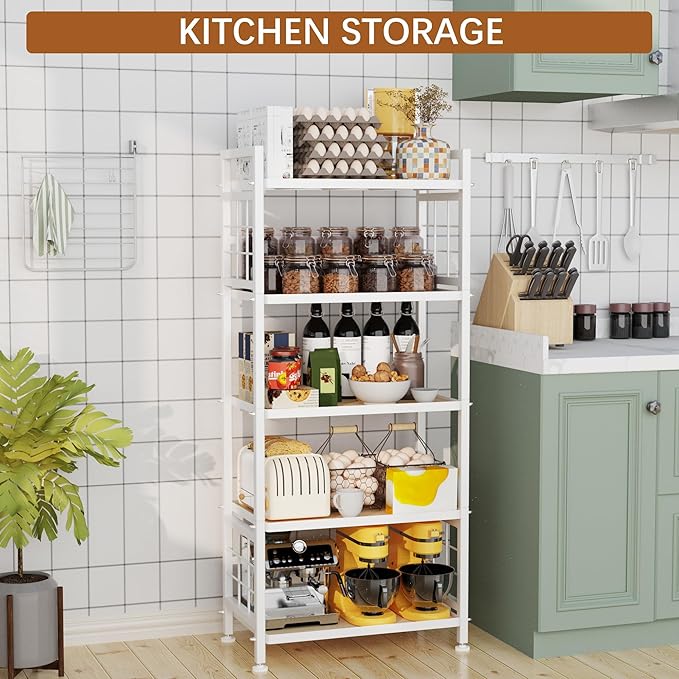 GIOTORENT 5-Tier Kitchen Storage with Wooden Boards, Heavy Duty Storage Shelves & Bookshelf, Adjustable Metal Shelving Unit for Garage Kitchen Bathroom Laundry Organizer, 750LB Capacity, White
