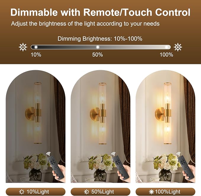Morauroral Gold Battery Operated Wall Sconces Set of Two, Rechargeable Wall Sconce with Dimmable Remote Control, 20 Inch Wireless Sconce Wall Light for Bedroom, Living Room (Bulbs Included)