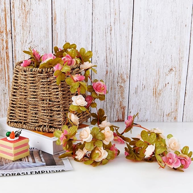 PONKING 8 Pcs x 8.2 ft Flower Garland Artificial Rose Vine Flowers with Green Leaves Hanging Fake Roses Vine for Room Party Home Wedding Birthday Christmas Wall Arch Decor, Champagne Pink Flower