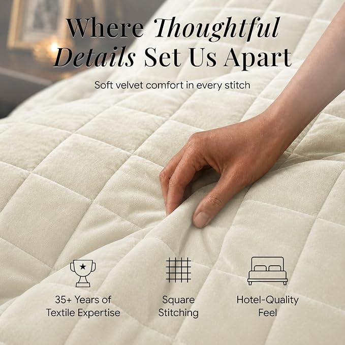 Tribeca Living Luxury Velvet Quilt Twin Size Set - 260GSM Ultra-Soft Oversized Velvet Bedspread Comforter Set with 1 Sham, in Florence Ivory