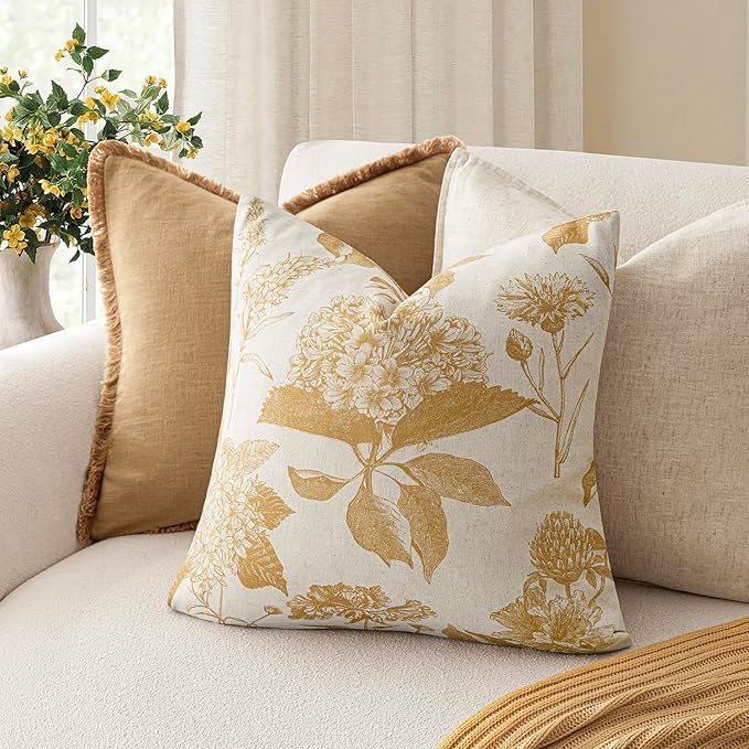 Foindtower Set of 2 Linen Floral Vintage Throw Pillow Covers Neutral Accent Print Decorative Cozy Cushion Covers Farmhouse Home Decor for Sofa Chair Couch Bed Living Room,20×20 Inch,Light Yellow