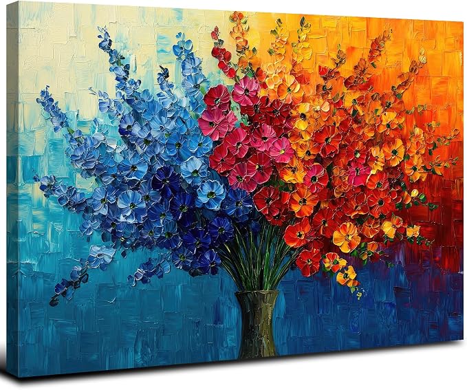 Colorful Floral Canvas Wall Art framed Abstract Flower Picture Aesthetic Botanical Theme Wildflower Wall Decor Daisy Painting for Living Room Bathroom Dining Room Home Decoration Modern Artwork 20x30”