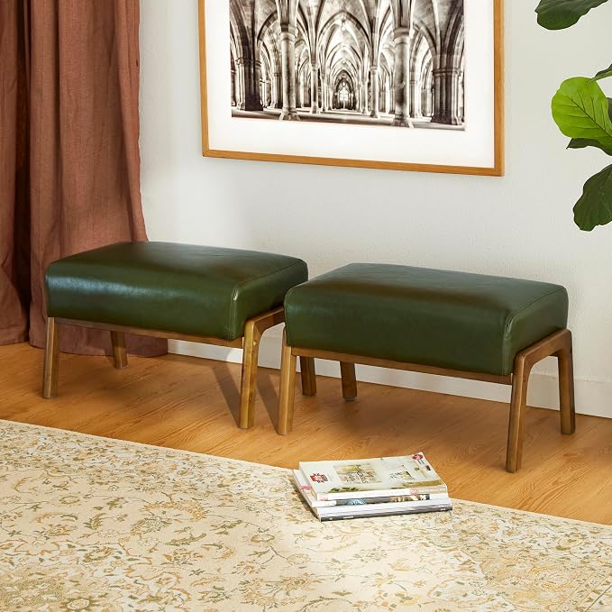 Glitzhome Foot Stool Ottoman Set of 2, Modern Leatherette Sofa Stool Vanity Chair with Rubber Wood Frame, Footrest Ottoman Bench for Living Room, Entryway, Hunter Green
