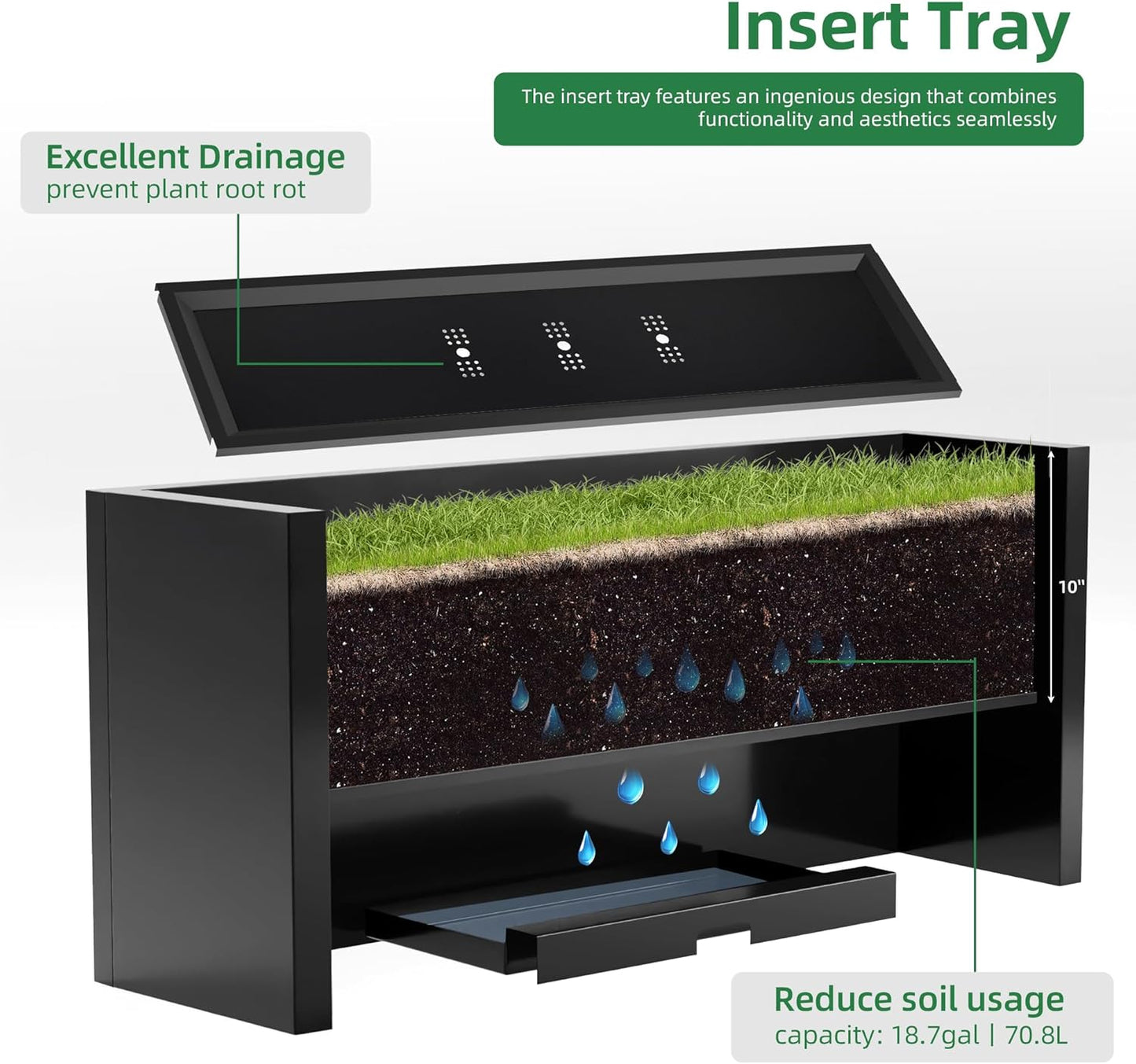 KOL Galvanized Steel Rectangular Planter Box, (16''H.x12''W.x36''L) Large Planters for Indoor Outdoor Plants,Black Powder Coated Metal Planter, Heavy Duty Modern Flower Pot, Commercial & Residential