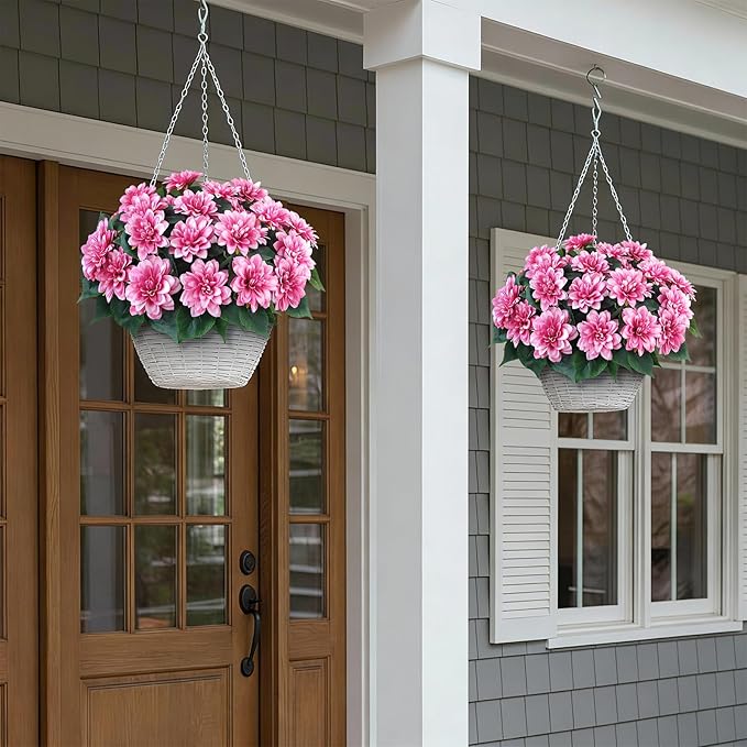 VIERENA 16 Bundles Artificial Dahlia Flowers for Outdoors Spring Summer Decor, No Fade Silk Flower Faux Dahlias Plant Arrangement for Home Garden Balcony Farmhouse（Pink）
