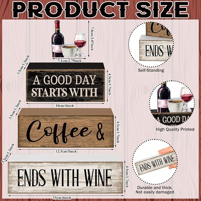 Lineshading 4 Pcs Farmhouse Table Decor Wooden Stacked Block Sign with Wine Bottle, Coffee Cup & Glass Sculpture a Good Day Starts with Coffee Ends with Wine Sign for Home & Bar Housewarming Gift