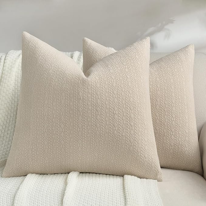 FUTEI Beige Chenille Throw Pillow Covers 20x20 Inch Set of 2,Soft Striped & Diamond Textured Cushion Cases,Modern Home Decor for Couch Living Room