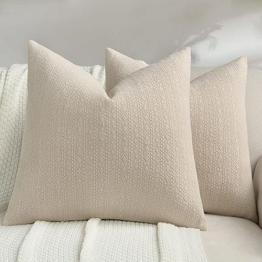 FUTEI Beige Chenille Throw Pillow Covers 22x22 Inch Set of 2,Soft Striped & Diamond Textured Cushion Cases,Modern Home Decor for Couch Living Room