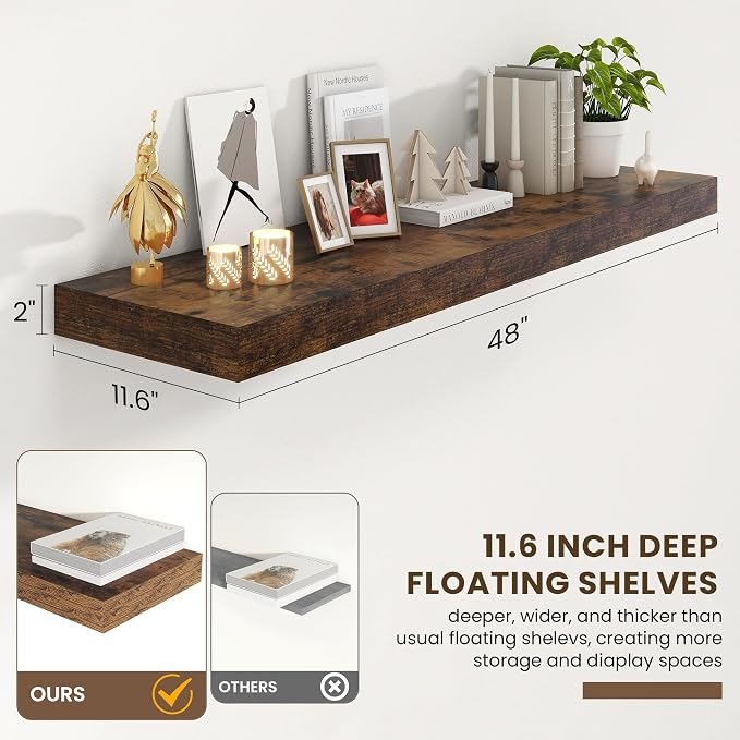 FLYJOE 48 Inch Floating Shelves | 12 Inch Deep Floating Shelves Set of 1 | 48" W x 12" D Rustic Brown Wood Wall Shelves for Bathroom Living Room Kitchen Laundry Room