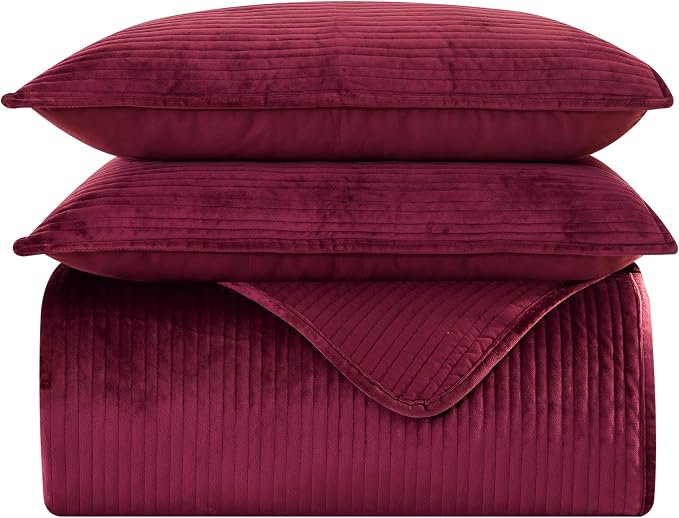 Elegant Comfort Luxury 3-Piece Velvet Corduroy Stripe Quilt Set, Ultra Soft Bedspread - Cozy Velvet Coverlet Set - 3PC Medium Weight Quilted Set with Matching Pillow Shams, Twin, Burgundy
