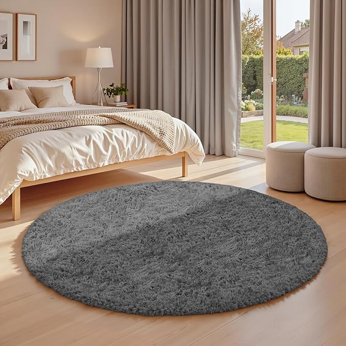 Dark Gray Round Fluffy Rug 6ft Plush Fuzzy Shaggy Carpet,Soft Rugs for Living Room for Nursery,Preppy Dorm,Classroom,Playroom,Teen,Baby Home Decor (Dark Gray 6"x6")