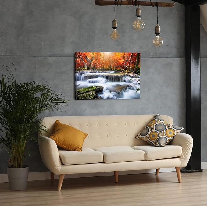 Waterfall Wall Art Nature Forest Mountain Landscape Wall Decor Bathroom Tropical Red Maple Leaves Canvas Prints Living Room Rustic Sunshine Scenery Artwork for Kitchen Office Bedroom Decoration 20x30"