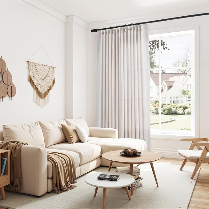 Guken Beige Boho Farmhouse Pinch Pleated Linen Curtains 108 Inch Length 2 Panels Set for Living Room Bedroom Window Privacy Light Filtering Semi Sheer Back Tab Drapes with Hooks for Nursery 40x108