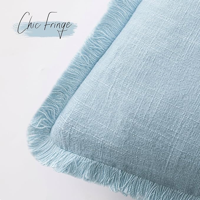 Foindtower Set of 2 Decorative Linen Fringe Throw Pillow Covers Cozy Boho Farmhouse Cushion Cover with Tassels Soft Accent Pillowcase for Couch Sofa Bed Living Room Home Decor,18×18 Inch,Light Blue