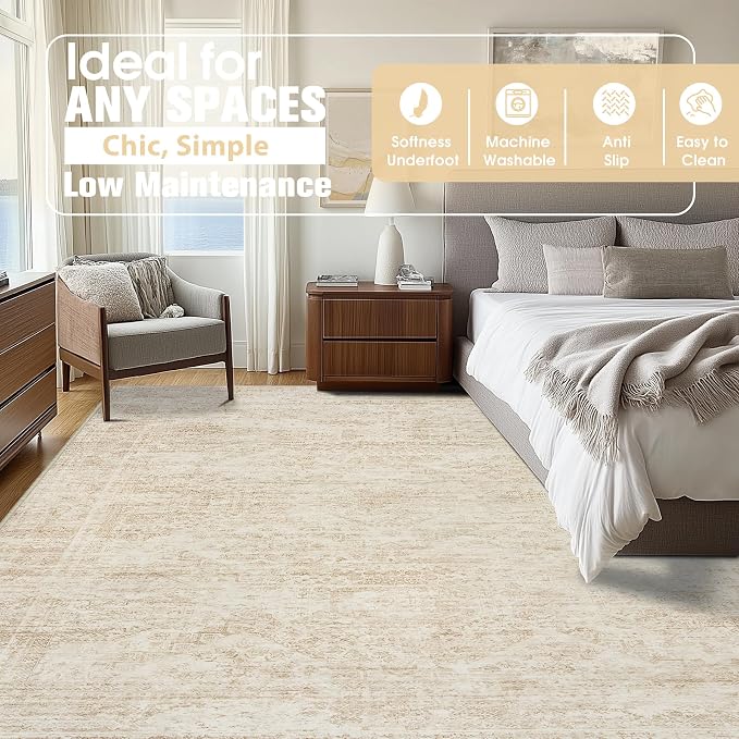 10x14 Area Rugs for Living Room Rug Washable: Abstract Large Rug Indoor Modern Carpet Non Slip for Dining Room Bedroom Nursery Home Office Beige
