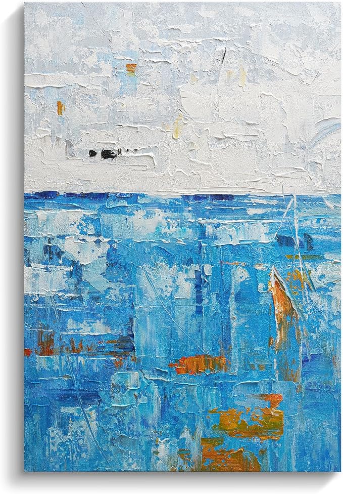 Modern Abstract Blue Textured Oil Painting Canvas Wall Art for Living Room | Large Coastal Wall Decor for Living Room Bedroom Office Hallways, Minimalist Hand-Painted Artwork Housewarming Gift, 24x36"