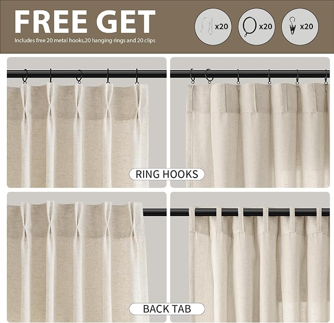 Guken Pinch Pleated Linen Curtains 94 Inches Long for Living Room Bedroom 2 Panels Curtain Natural Cream Semi Sheer Boho Farmhouse Back Tab Pinch Pleat Hooks Rings Beige Ivory 94 Inch Length