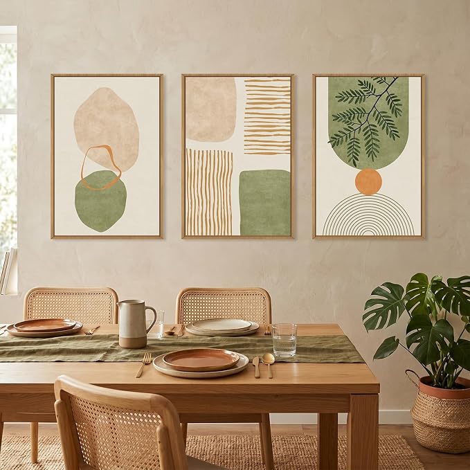 Large Boho Sage Green Framed Canvas Wall Art Set,Abstract Minimalist Geometric Line Wall Decor,Modern Mid Century Beige Leaf Artwork for Living Room,Bedroom,Dining Room,Office-24 x36 x3