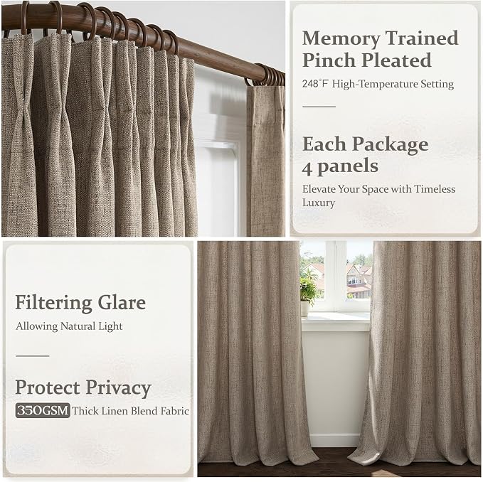 Extra Long 108 Inch Linen Sheer Curtains for Living Room 4 Panels Set, Dark Flax Memory Trained Pinch Pleated Light Filtering Floor to Ceiling Luxury Window Curtain Sliding Glass Doors Large Drapes