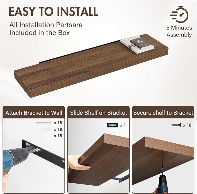 Acovy 48 Inch Floating Shelves, 12" Deep Floating Shelf Wall Mounted, 48" Wall Shelves, Rustic Deep Bookshelf, Extra Deeper & Thicker Display Shelves for Bedroom, Living Room, Walnut, Set of 2