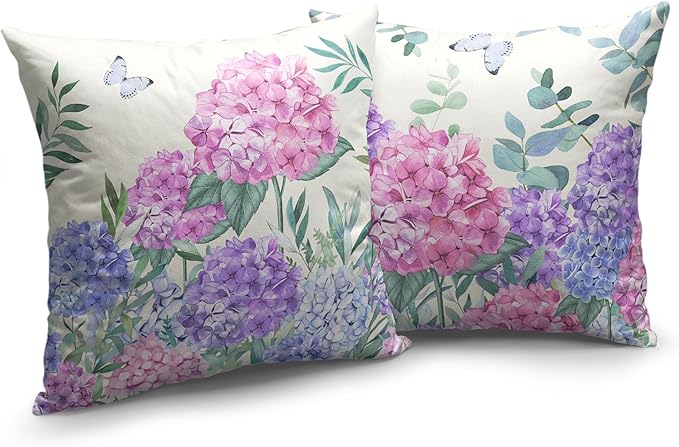 Pink Hydrangea Pillow Covers Spring Flowers Outdoor Pillow Covers 24x24 Set of 2 Purple Pink Hydrangea Eucalyptus Pillow Case Cotton Linen Cushion Case for Sofa Garden Patio