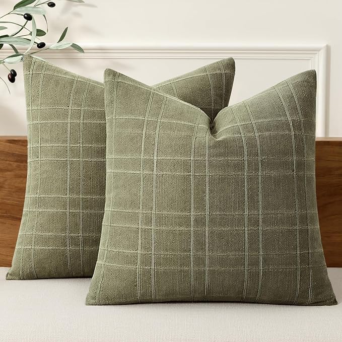MIULEE Decorative Linen Check Euro Shams Throw Pillow Covers Neutral Farmhouse Vintage Spring Pillow Covers 24x24 Set of 2 Boho Modern Home Decor for Sofa Couch Bedroom Cushion Sage Green