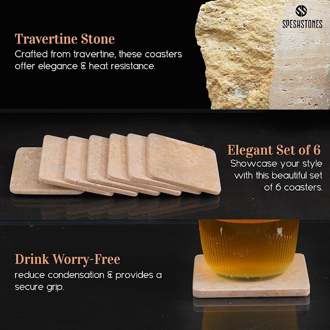 Marble Coasters Set of 6 Square 3.5 Inch Travertine Coaster for Drinks with Holder, Ideal Stone Drink Coasters for Gifts, Dining Table & Home Décor (Travertine Coasters with Holder)