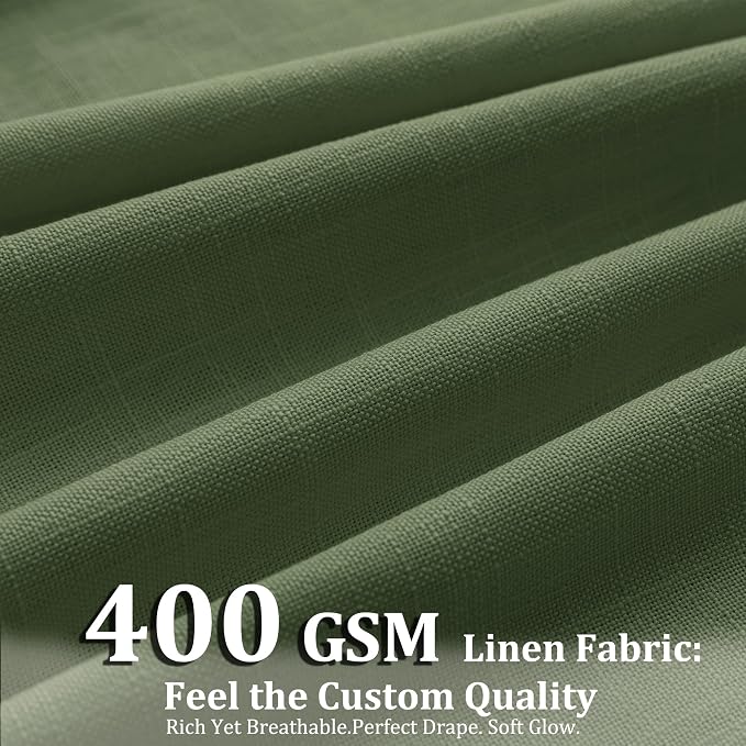 Pinch Pleated Linen Curtains 102 Inch, 2 Panels Premium 400GSM Memory Trained Semi Sheer Light Filtering Window Drapes for Living Room Bedroom Dining, Back Tab & Adjustable Hooks Rings, Olive Green