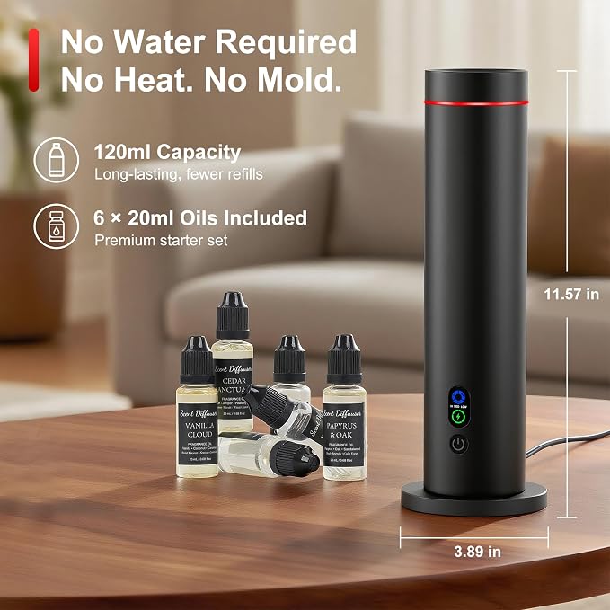 Waterless Diffuser, 1000 Sq.Ft Coverage, Essential Oil Diffuser– Plug-in Only, Remote Control, Adjustable Mist Mode, Mood Lights Aromatherapy Diffuser for Home, Large Room, Office, Hotel, Black