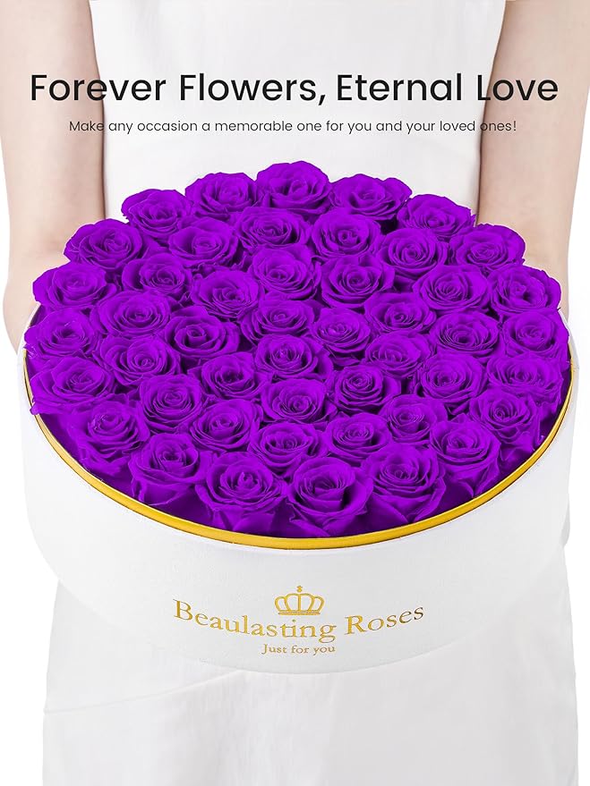 47 Preserved Roses Forever Flowers Real Roses in a Box Mother's Day Birthday Flowers for Her Mom Women Wife Valentine's Day, Purple Roses