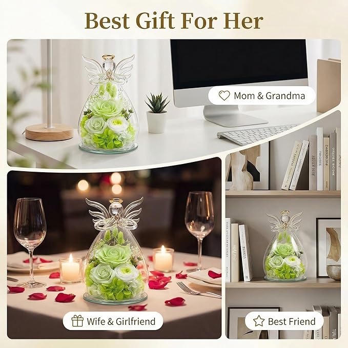 FIACO Gifts for Women Birthday Preserved Rose Forever Flower in Glass Angel Figurines Fresh Flowers for Delivery Prime for Mom Real Orange Roses for Grandma Sister Wife Her from Daughter