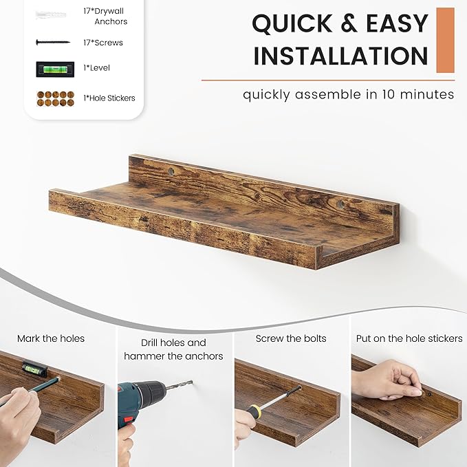 Floating Picture Ledge Shelves Set of 8, 16 Inch Solid Wood Wall Shelves with Lip, Large Nursery Book Shelf for Toys Storage, Kids Bookshelf, Living Room, Bedroom Decor Frames